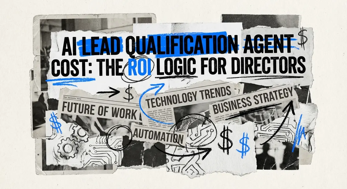 AI lead qualification agent cost analysis collage with torn paper and electric blue accents