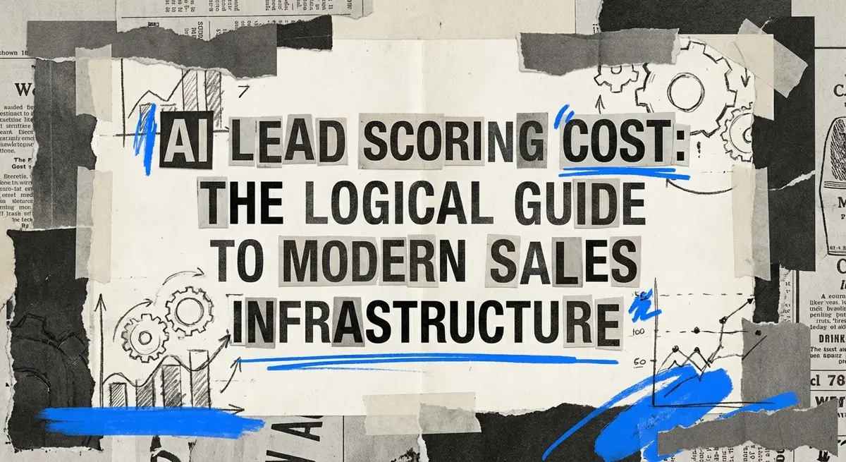 AI lead scoring cost visualization with torn paper aesthetic and blue accents