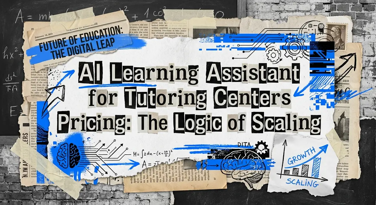 Torn paper collage featuring ai learning assistant for tutoring centers pricing title with electric blue accents