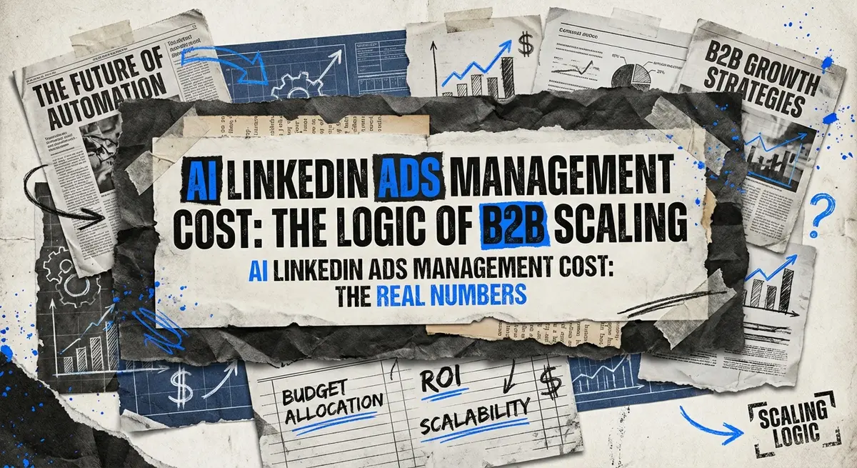 AI LinkedIn ads management cost torn paper collage art