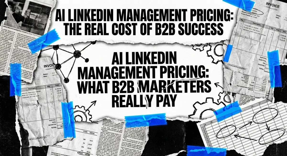 AI LinkedIn Management Pricing concept art showing torn pricing sheets and digital connections