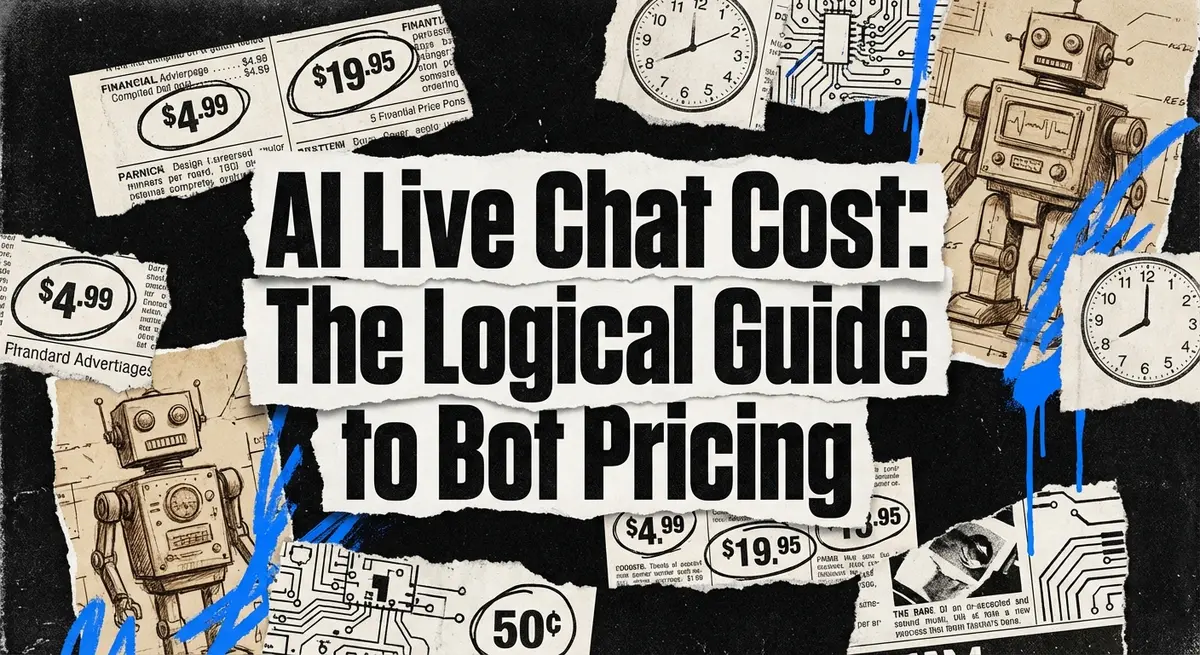 AI live chat cost comparison collage with torn paper and electric blue accents