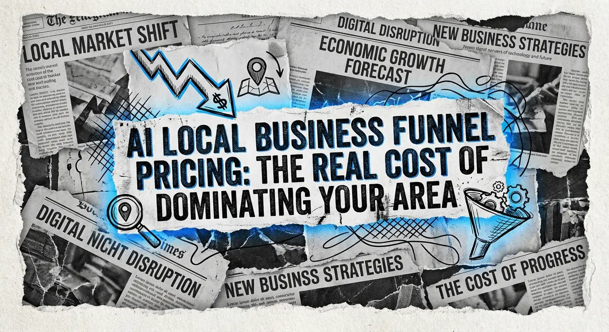AI local business funnel pricing collage with torn paper and electric blue accents