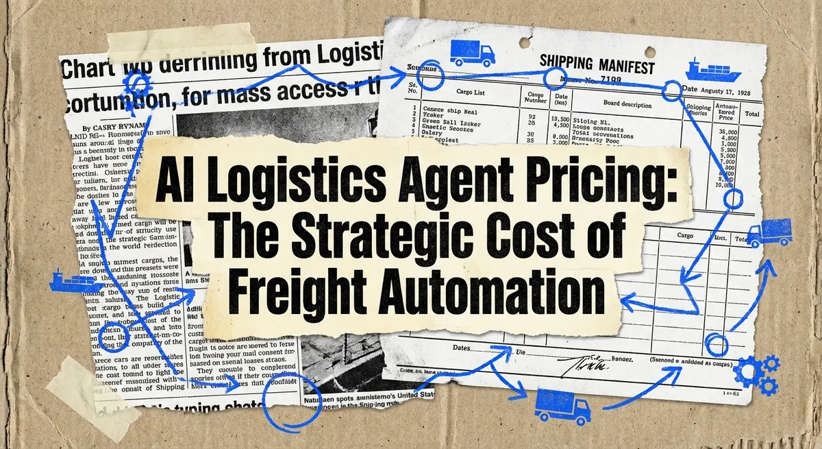 AI logistics agent pricing torn paper collage with shipping manifests and electric blue accents