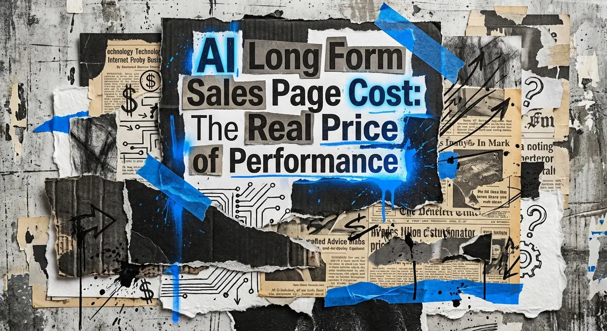 AI long form sales page cost visual representation with torn paper collage style