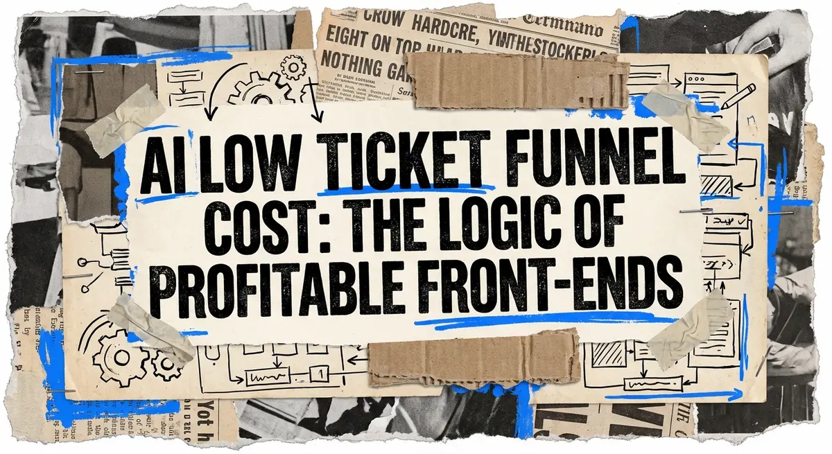 AI Low Ticket Funnel Cost collage showing digital funnel automation elements and torn paper textures.