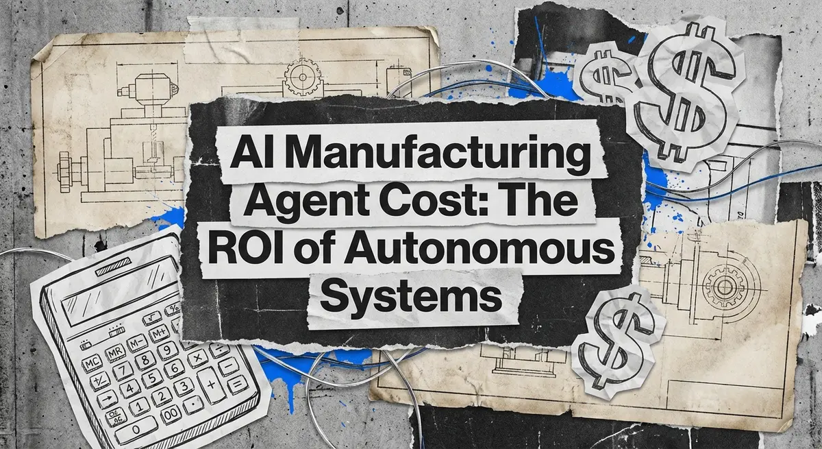 AI manufacturing agent cost collage with vintage industrial blueprints and electric blue accents