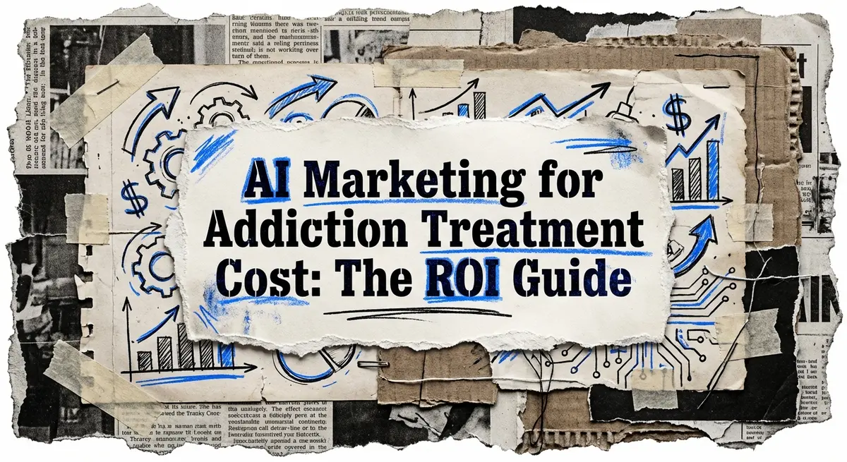 AI marketing for addiction treatment cost conceptual collage with torn paper and electric blue accents