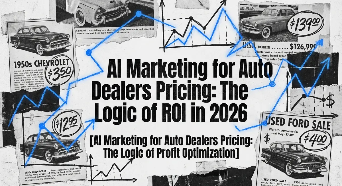 AI marketing for auto dealers pricing represented as a torn paper collage with electric blue accents