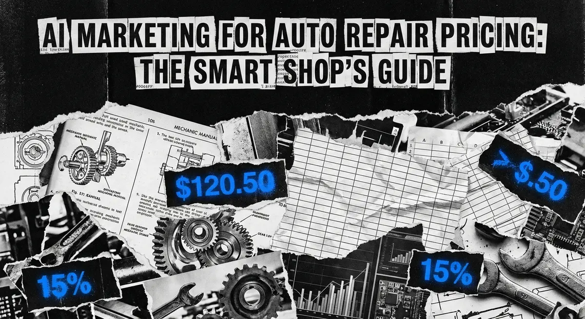 AI marketing for auto repair pricing torn paper collage with electric blue accents