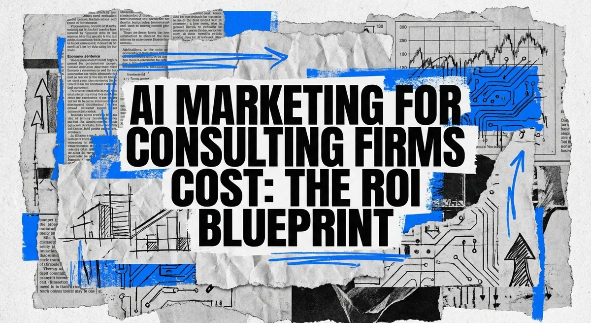 AI Marketing for Consulting Firms Cost torn paper collage with electric blue accents
