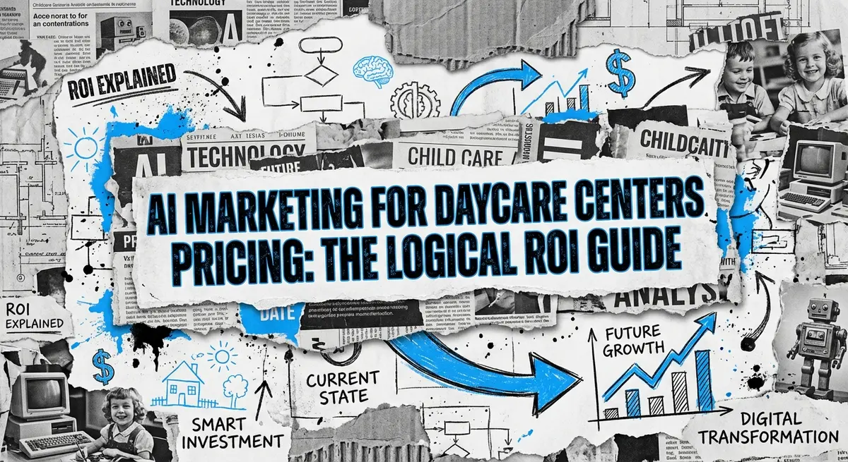 Torn paper collage featuring ai marketing for daycare centers pricing with electric blue accents