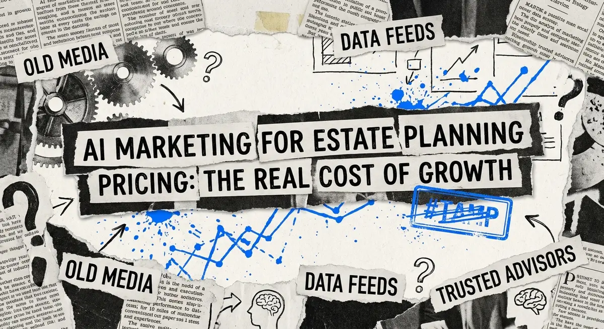 AI Marketing for Estate Planning Pricing: The Real Cost of Growth collage with electric blue accents