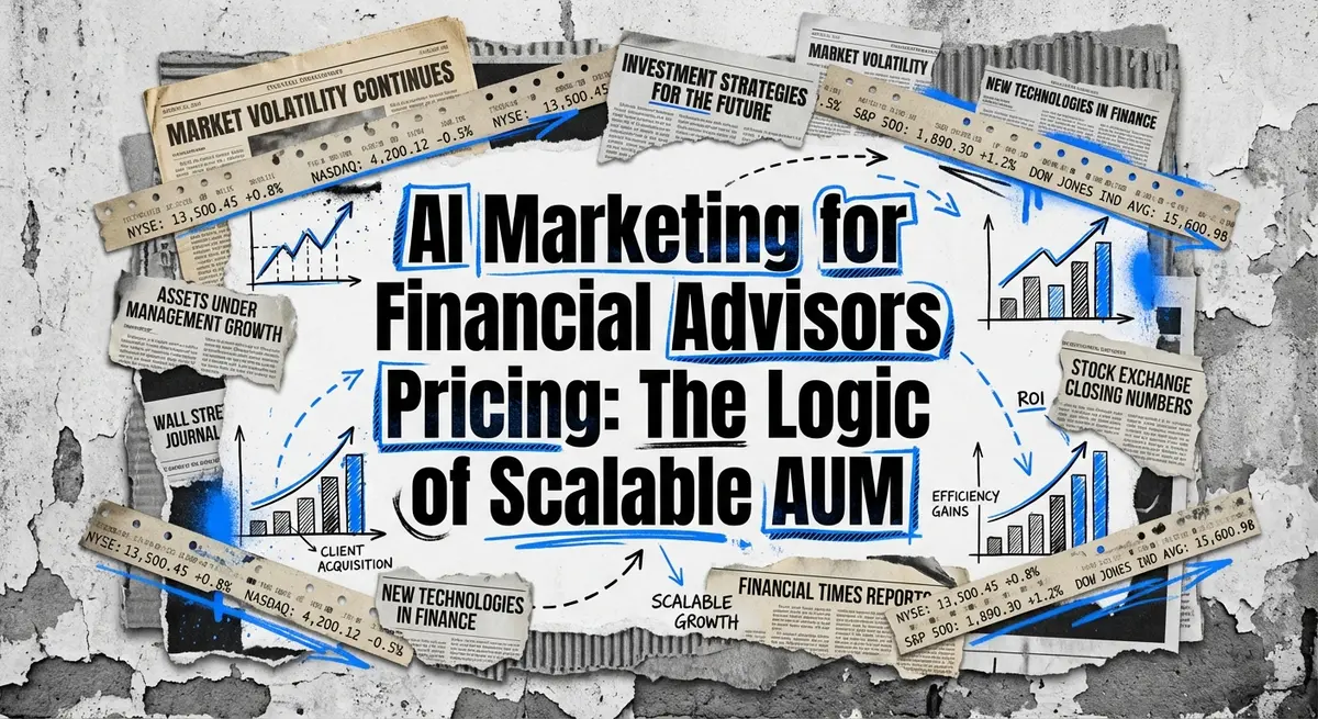 AI marketing for financial advisors pricing collage with torn newspaper and blue accents