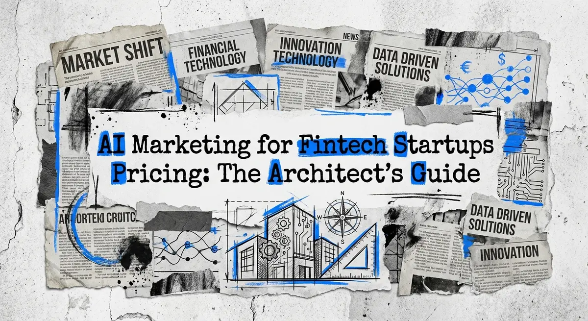 AI marketing for fintech startups pricing collage with torn paper and electric blue accents
