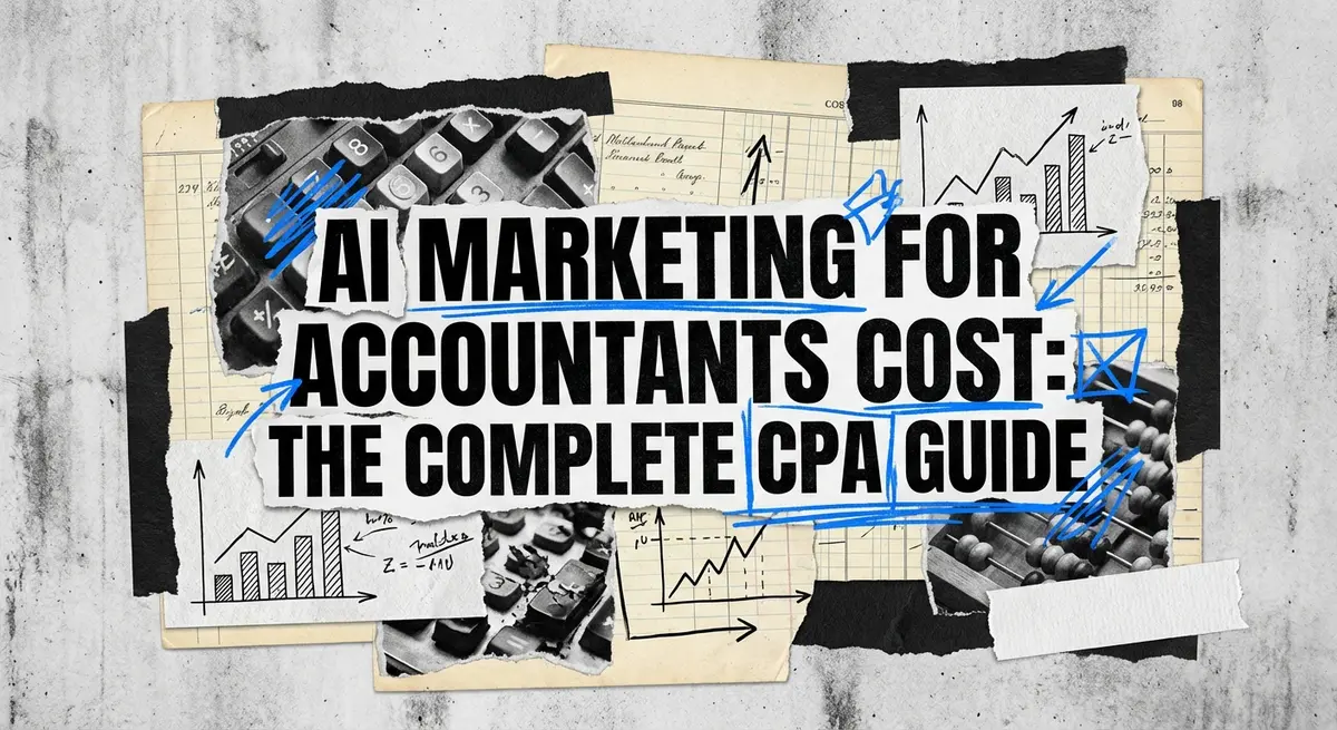 AI marketing for accountants cost collage with ledger paper and electric blue accents