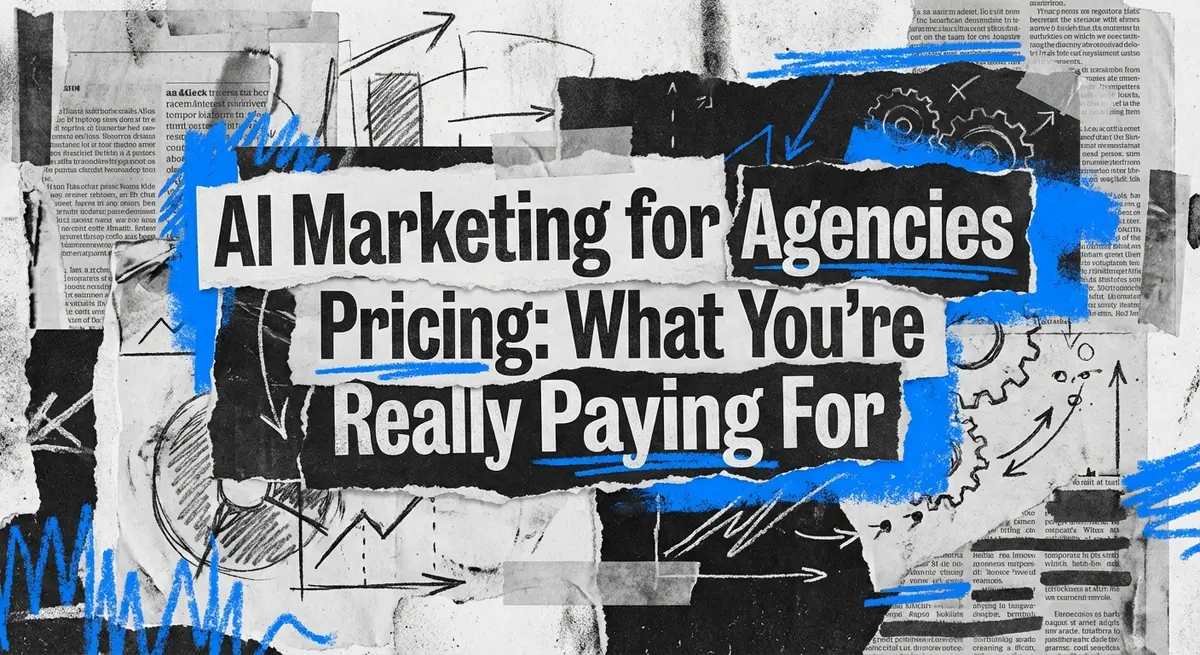 AI marketing for agencies pricing concept art showing torn paper and electric blue accents