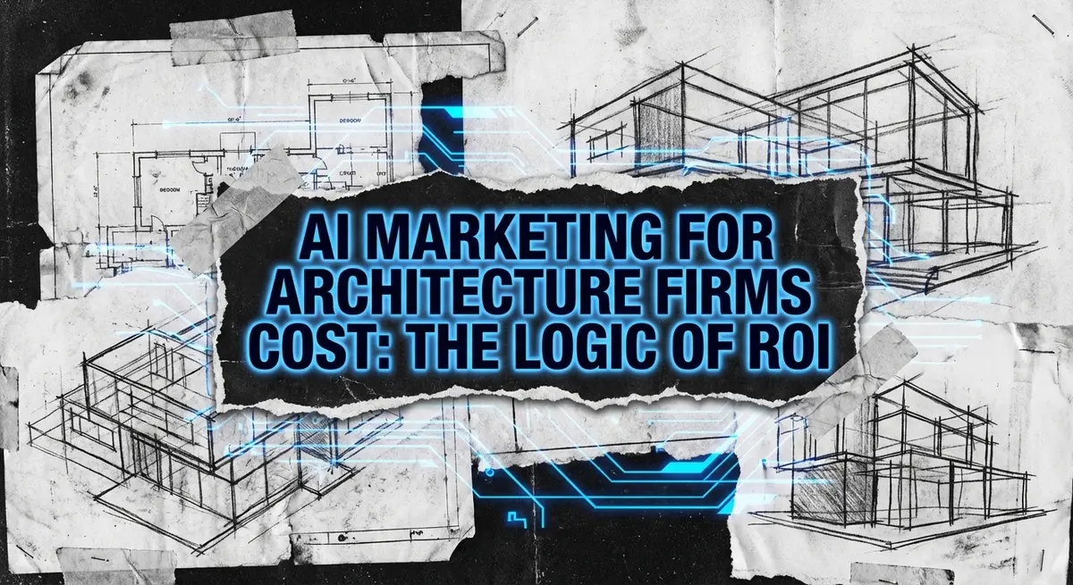 AI marketing for architecture firms cost collage with torn paper and blue accents
