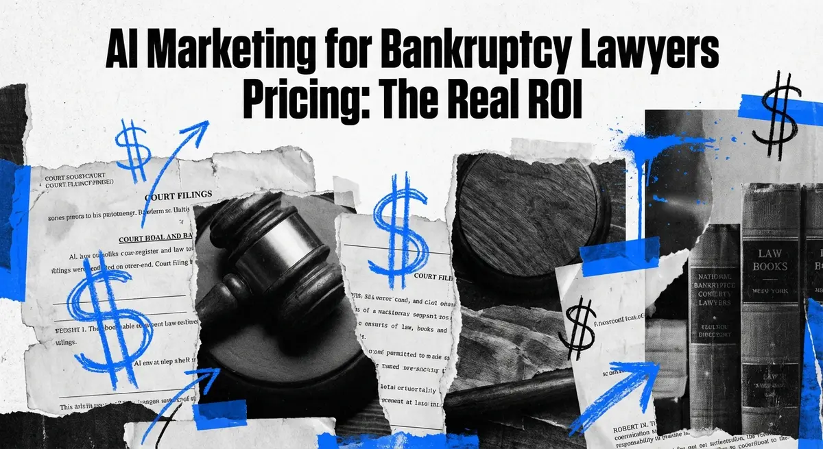 Torn paper collage featuring AI marketing for bankruptcy lawyers pricing concepts with legal documents and electric blue accents