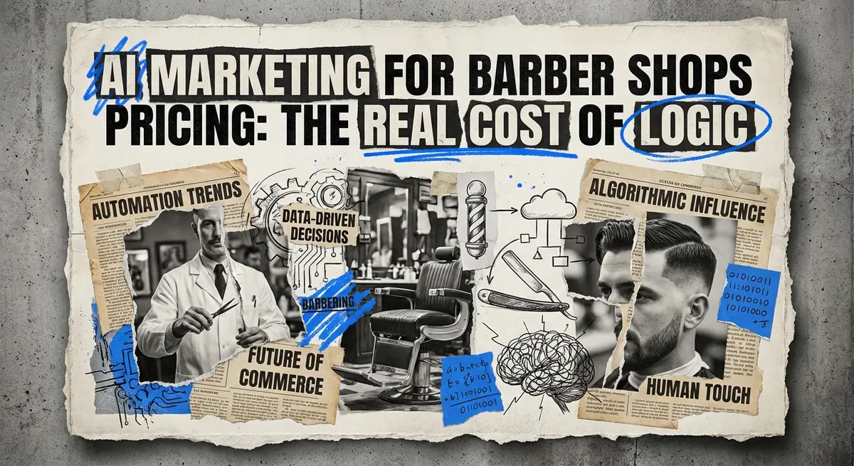 ai marketing for barber shops pricing collage with torn paper and blue accents