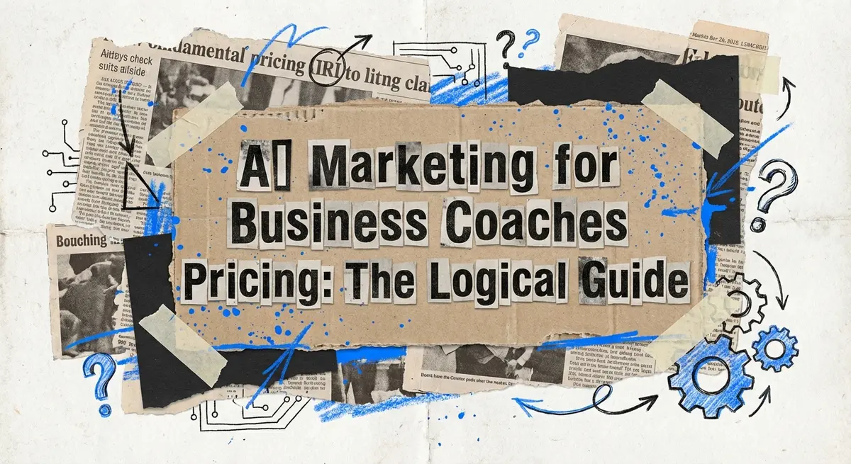 Torn paper collage art featuring AI Marketing for Business Coaches Pricing title with #0066FF blue accents