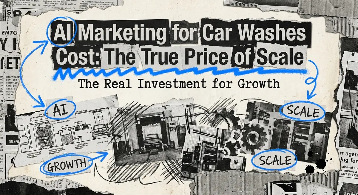 AI Marketing for Car Washes Cost collage with torn paper and electric blue accents