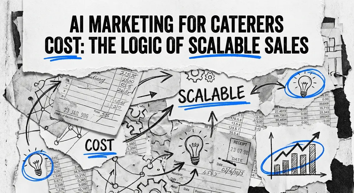 AI marketing for caterers cost analysis collage with torn paper and electric blue accents