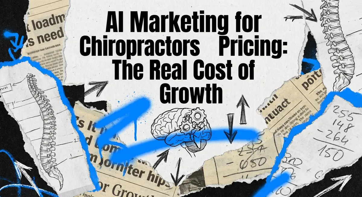 AI marketing for chiropractors pricing collage with torn paper and electric blue accents