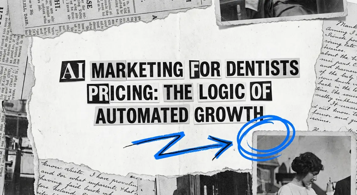 ai marketing for dentists pricing collage with electric blue accents
