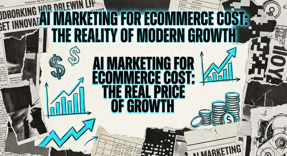 AI marketing for ecommerce cost featured image showing growth charts and digital elements