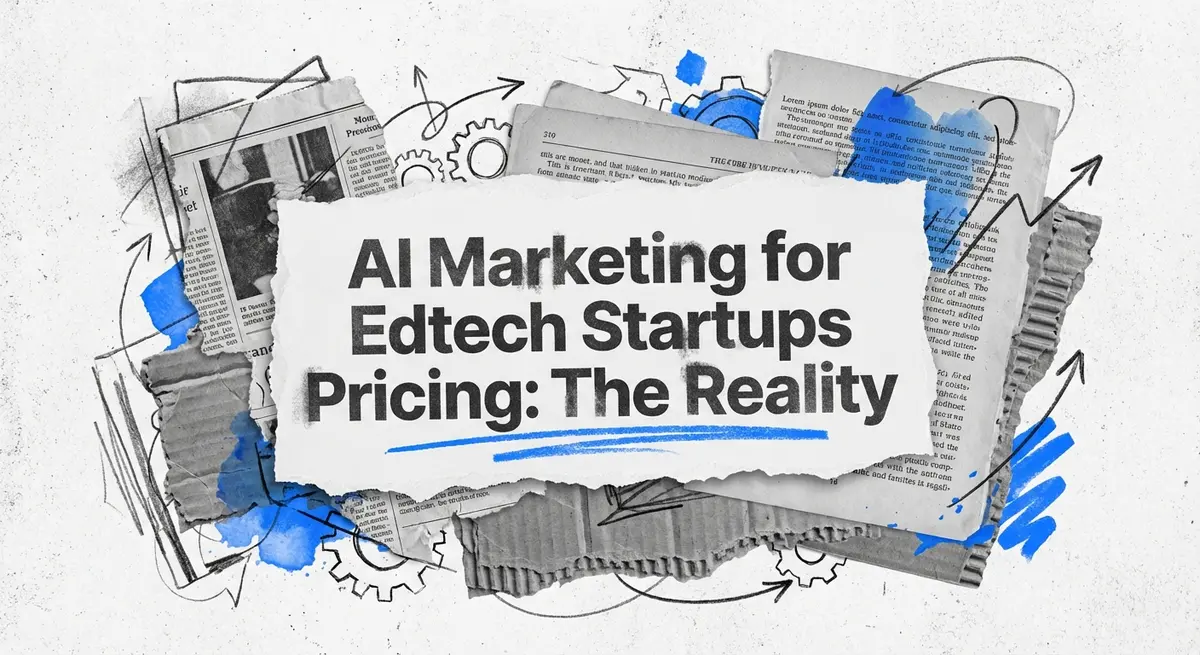 AI Marketing for Edtech Startups Pricing collage with torn paper and blue accents