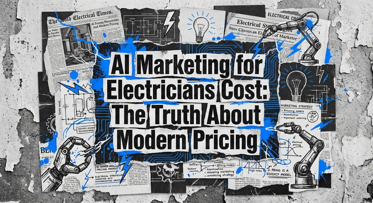 AI marketing for electricians cost comparison collage with electric blue accents