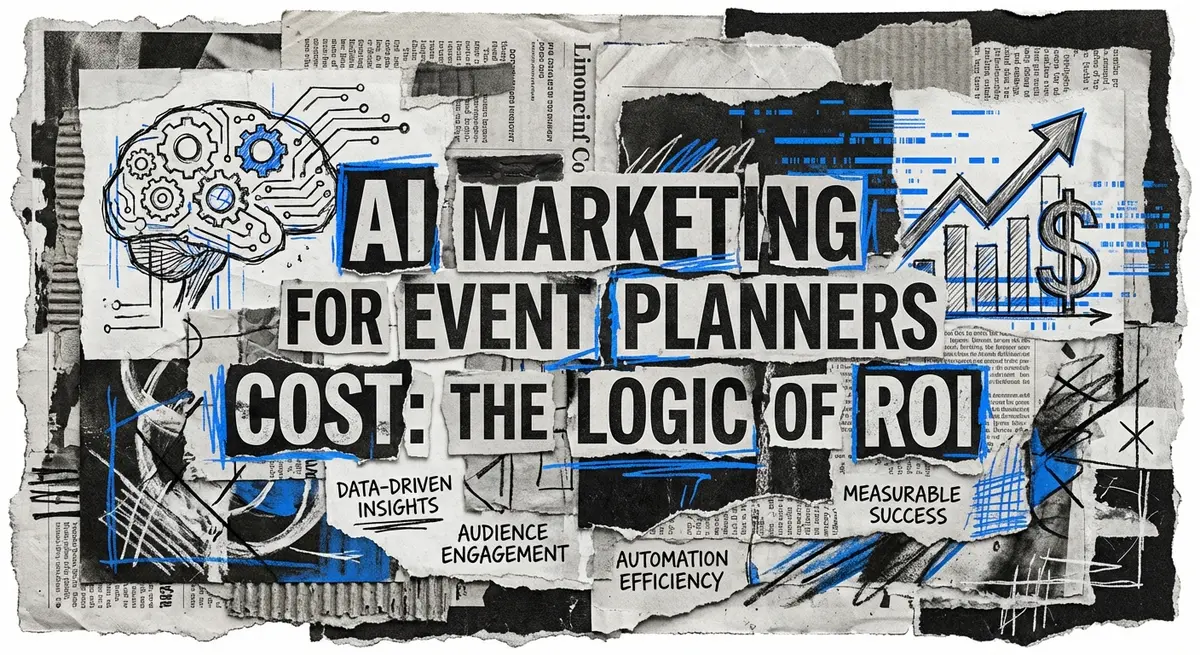 AI marketing for event planners cost breakdown collage with torn paper and blue accents