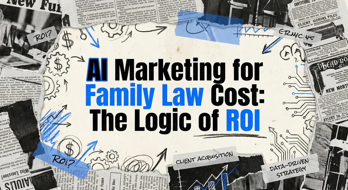 AI Marketing for Family Law Cost torn paper collage with electric blue accents