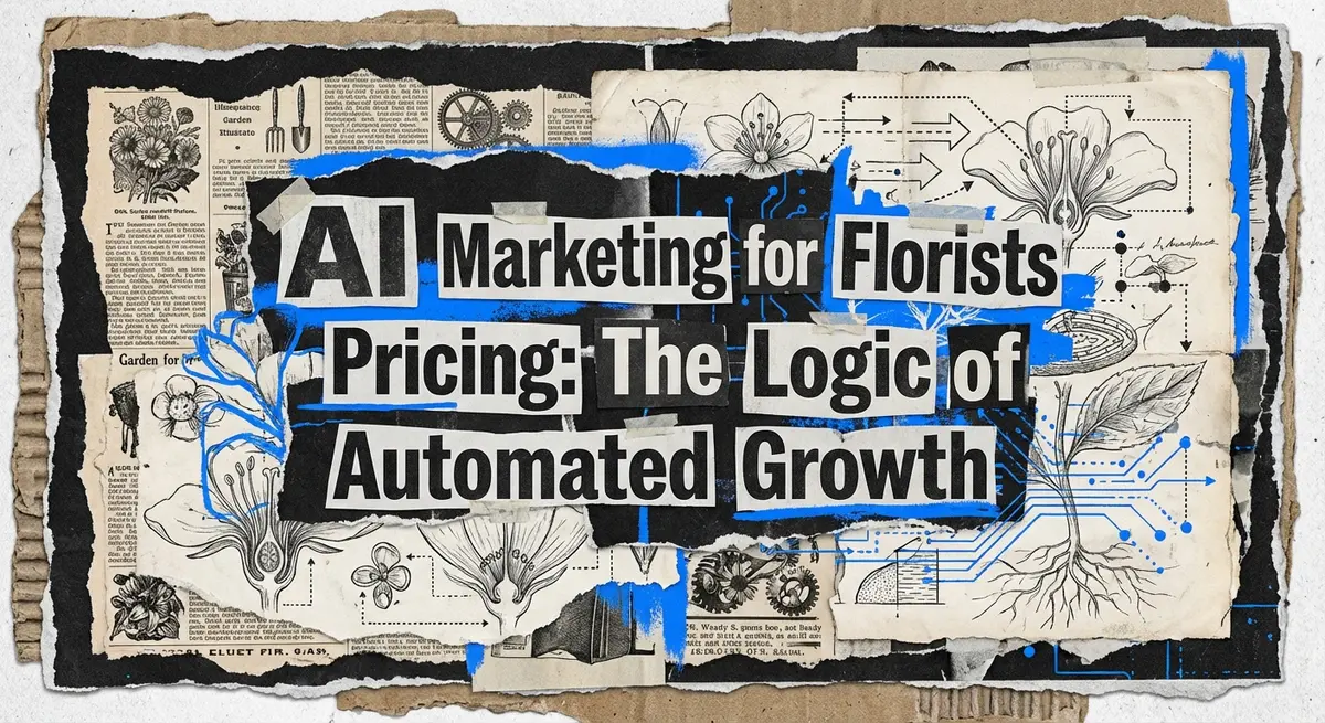 AI marketing for florists pricing strategy collage with torn paper and electric blue accents