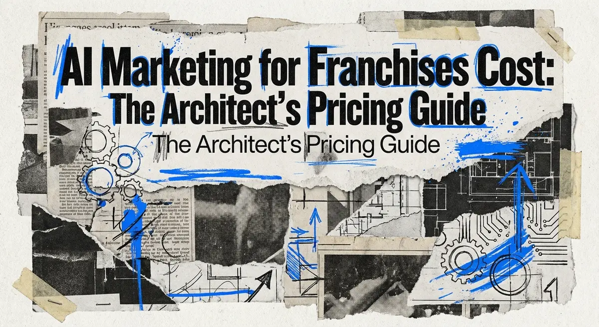 AI marketing for franchises cost guide featuring torn paper collage art with blue accents