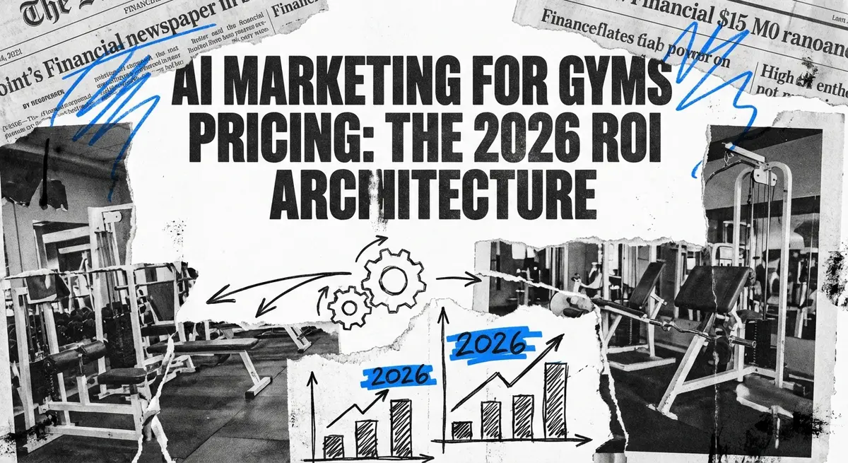 AI Marketing for Gyms Pricing collage style with torn paper and electric blue accents
