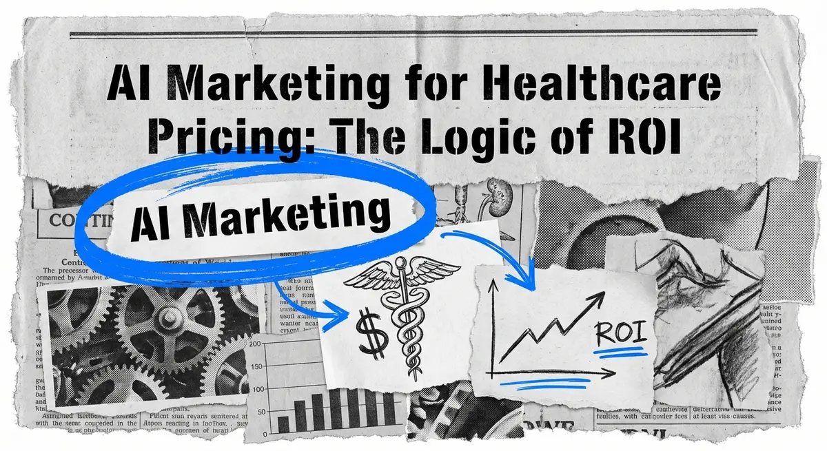 AI marketing for healthcare pricing collage with torn paper and electric blue accents