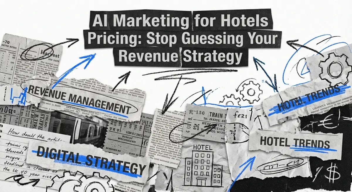 AI marketing for hotels pricing torn paper collage concept