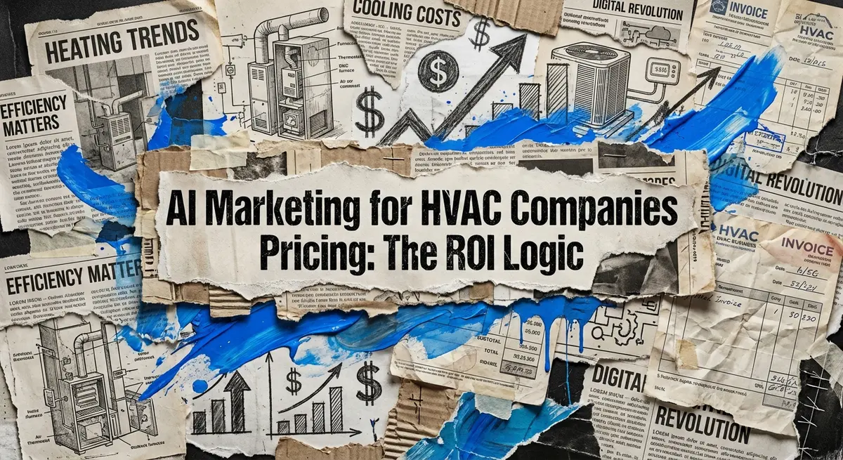 AI marketing for hvac companies pricing collage with torn paper and blue accents