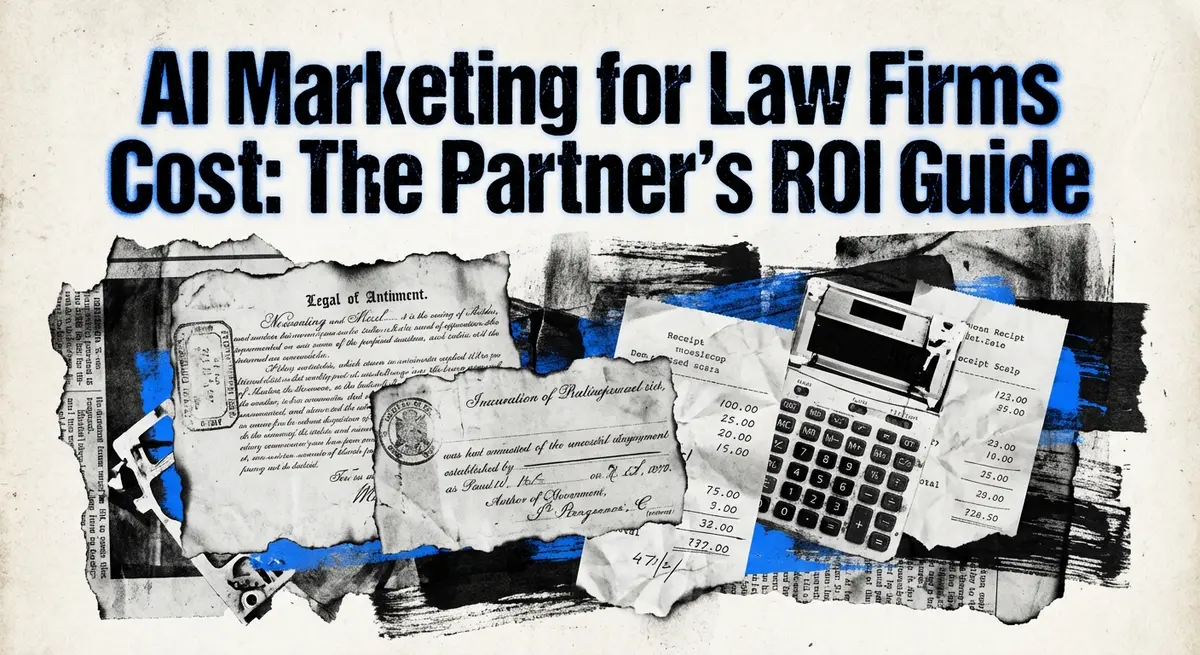 AI marketing for law firms cost analysis collage with torn paper and blue accents