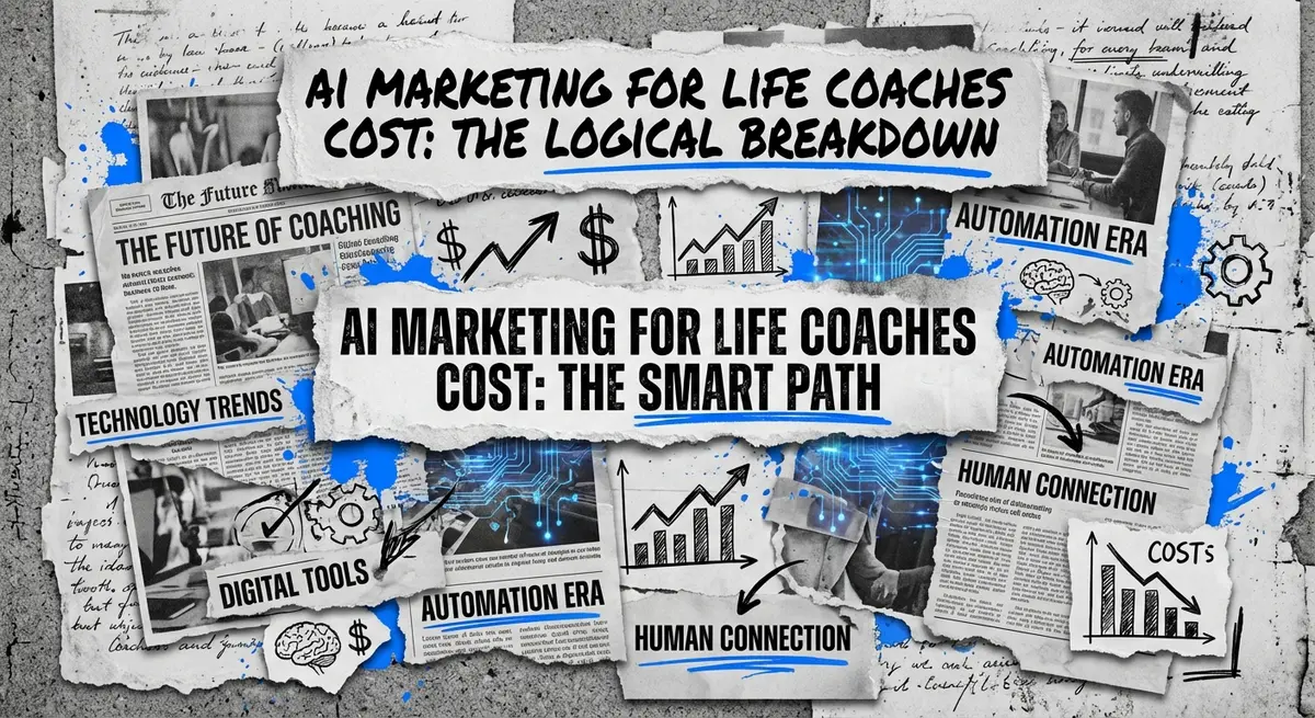 AI marketing for life coaches cost collage with torn paper and blue accents
