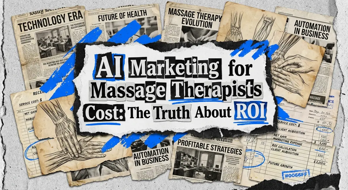 ai marketing for massage therapists cost torn paper collage with receipt scraps and blue accents
