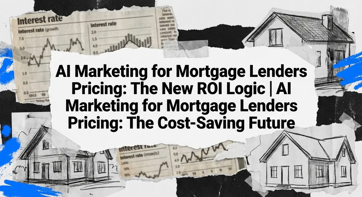 AI marketing for mortgage lenders pricing collage with torn paper and electric blue accents