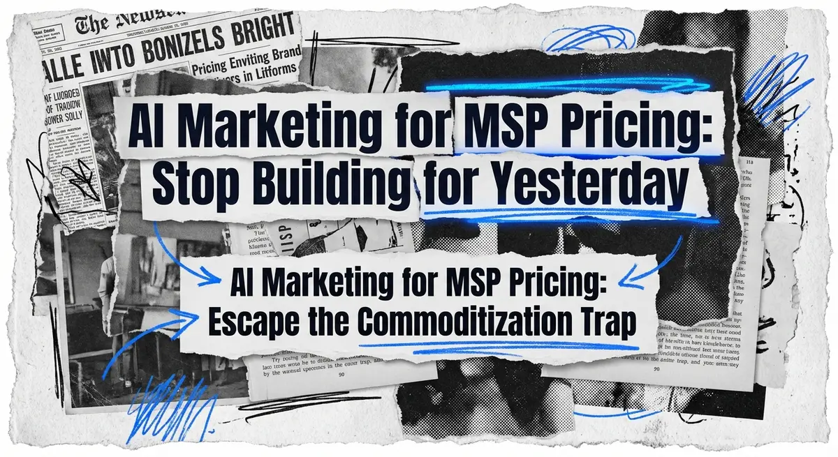 AI Marketing for MSP Pricing torn paper collage style with electric blue accents