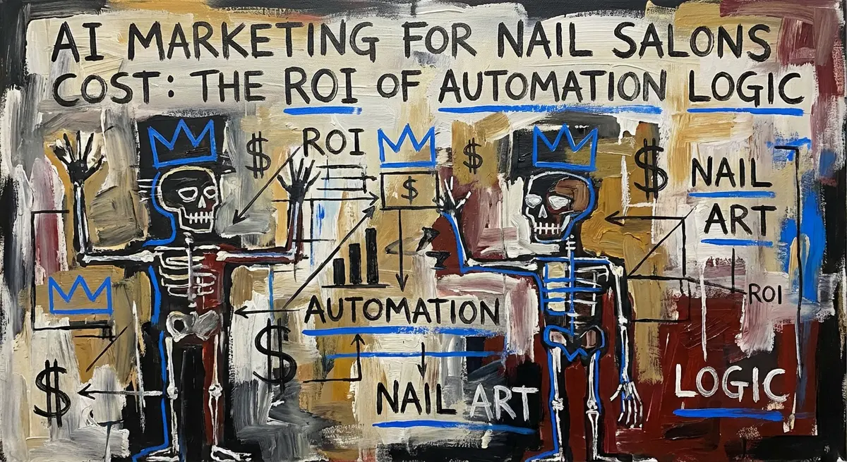 Basquiat style art featuring ai marketing for nail salons cost title with blue accents