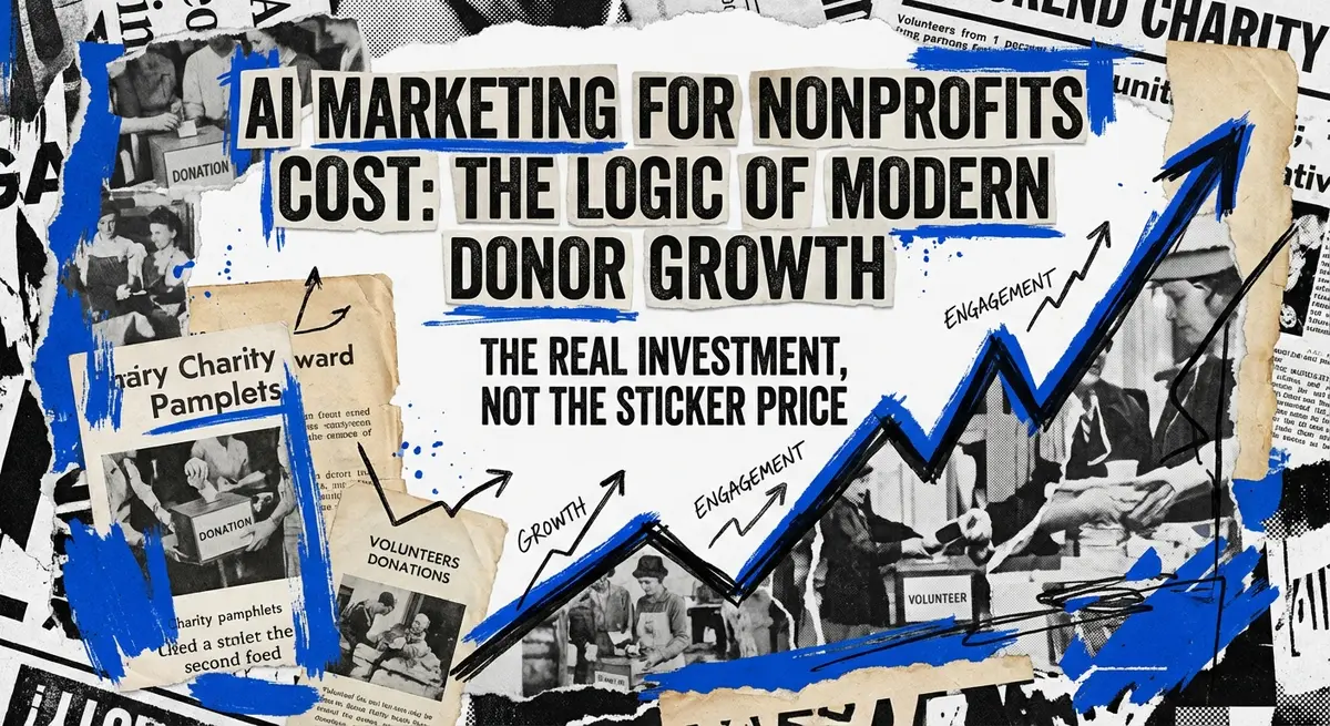 AI marketing for nonprofits cost torn paper collage with electric blue accents