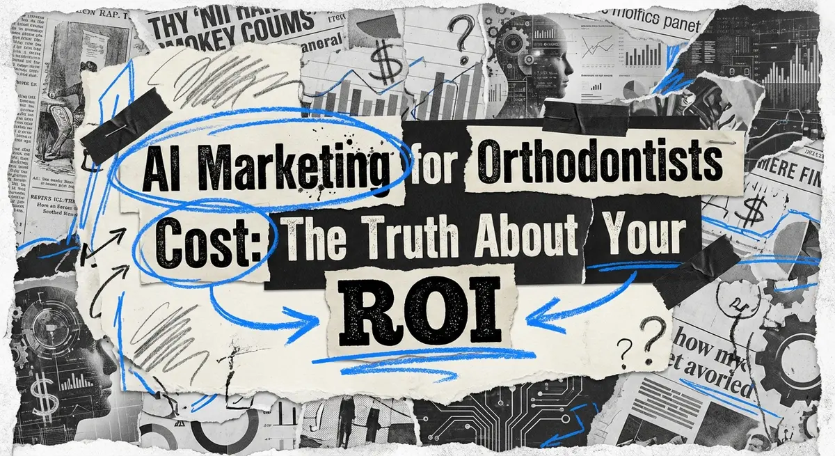 Torn paper collage featuring the title AI Marketing for Orthodontists Cost with electric blue accents