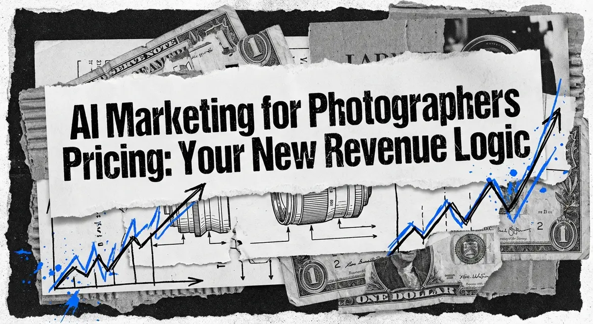 AI marketing for photographers pricing torn paper collage with vintage camera elements and electric blue accents