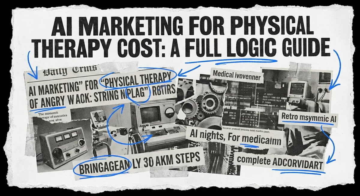 AI Marketing for Physical Therapy Cost collage with electric blue accents showing digital transformation